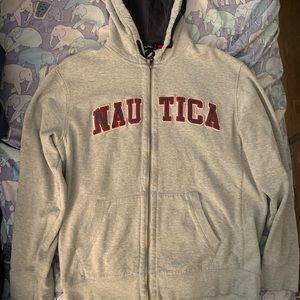 Nautica Light Gray Hooded Full Zip Up Sweater Size XL